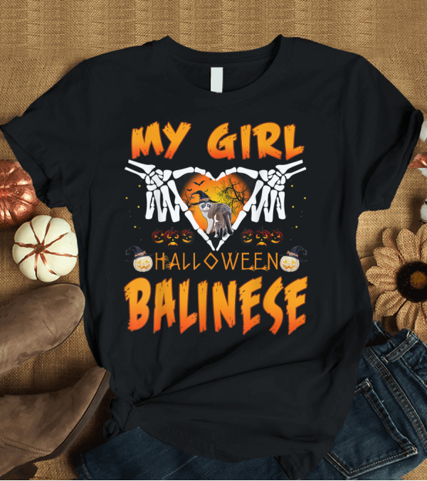 T-Shirt: My Girl Balinese Cat Halloween Skeleton Heart Pumpkins T-Shirt My Girl Balinese Cat Halloween Skeleton Heart Pumpkins T-Shirt