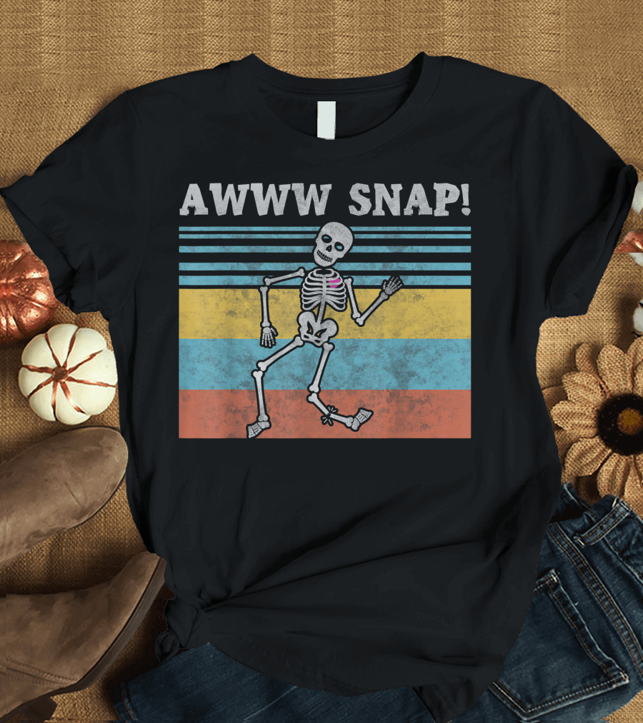 Awww Snap Skeleton Broken Bone Halloween Retro Stripes T-Shirt
