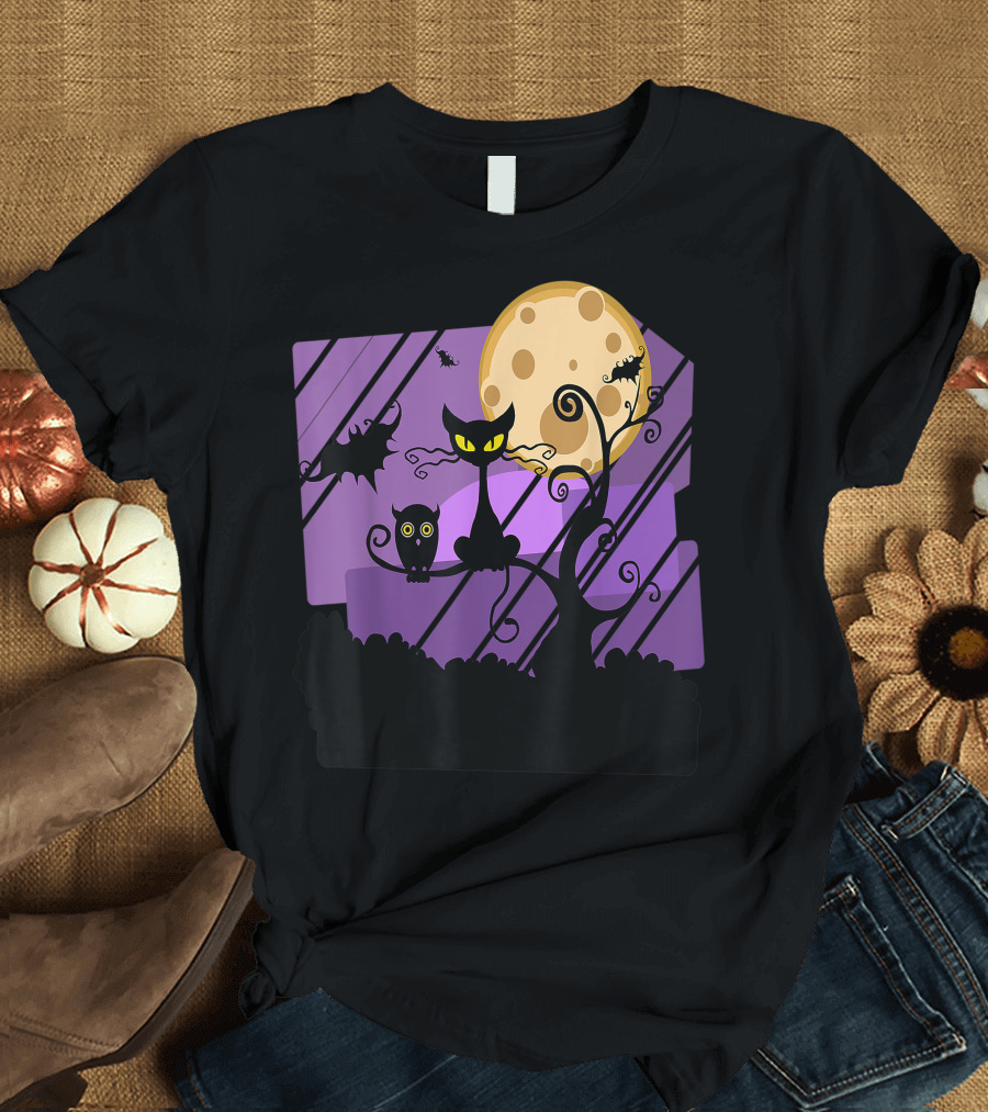Spooky Black Cat and Owl with Bats on Halloween Full Moon Night T-Shirt
