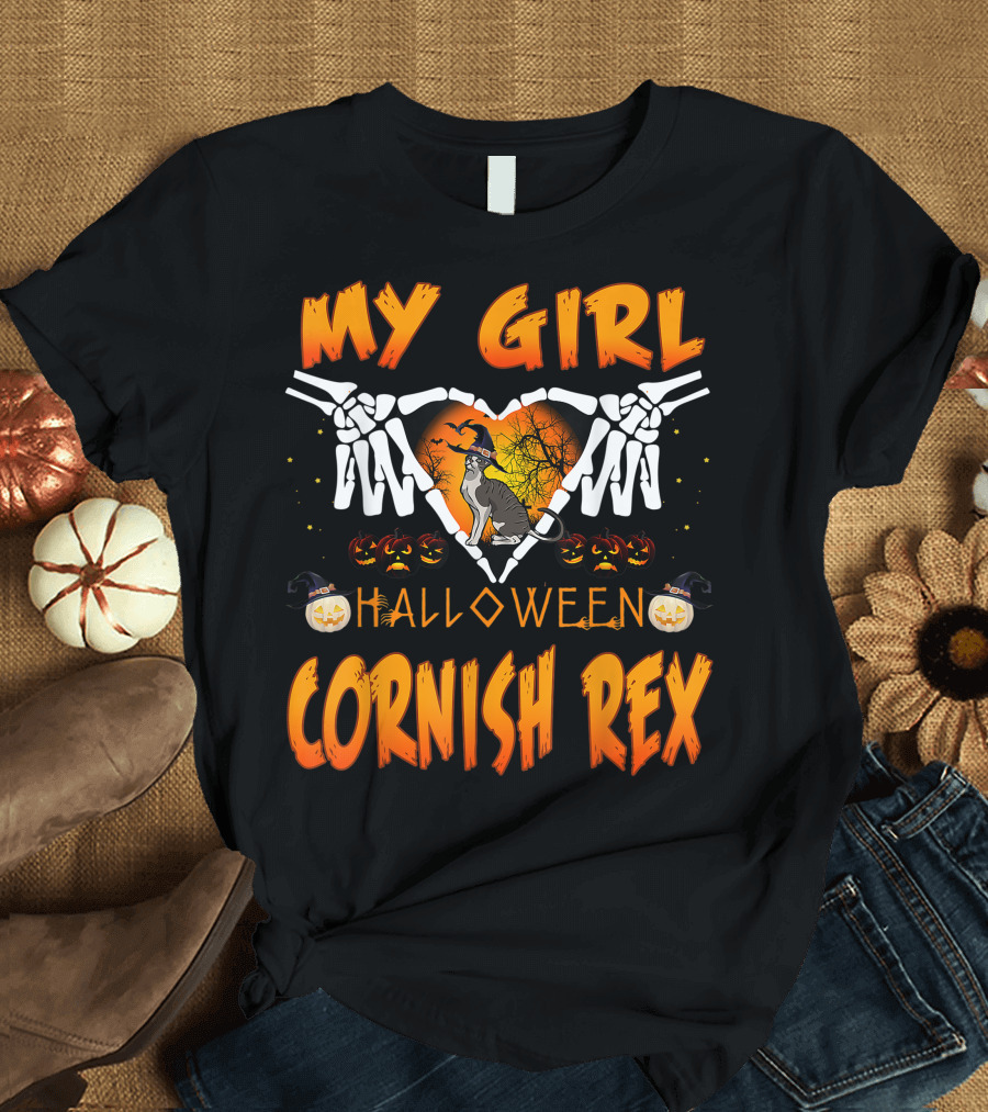 My Girl Cornish Rex Halloween Skeleton Pumpkins Cat T-Shirt