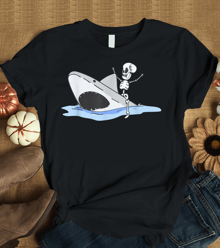 Halloween Skeleton Riding Shark Fun T-Shirt