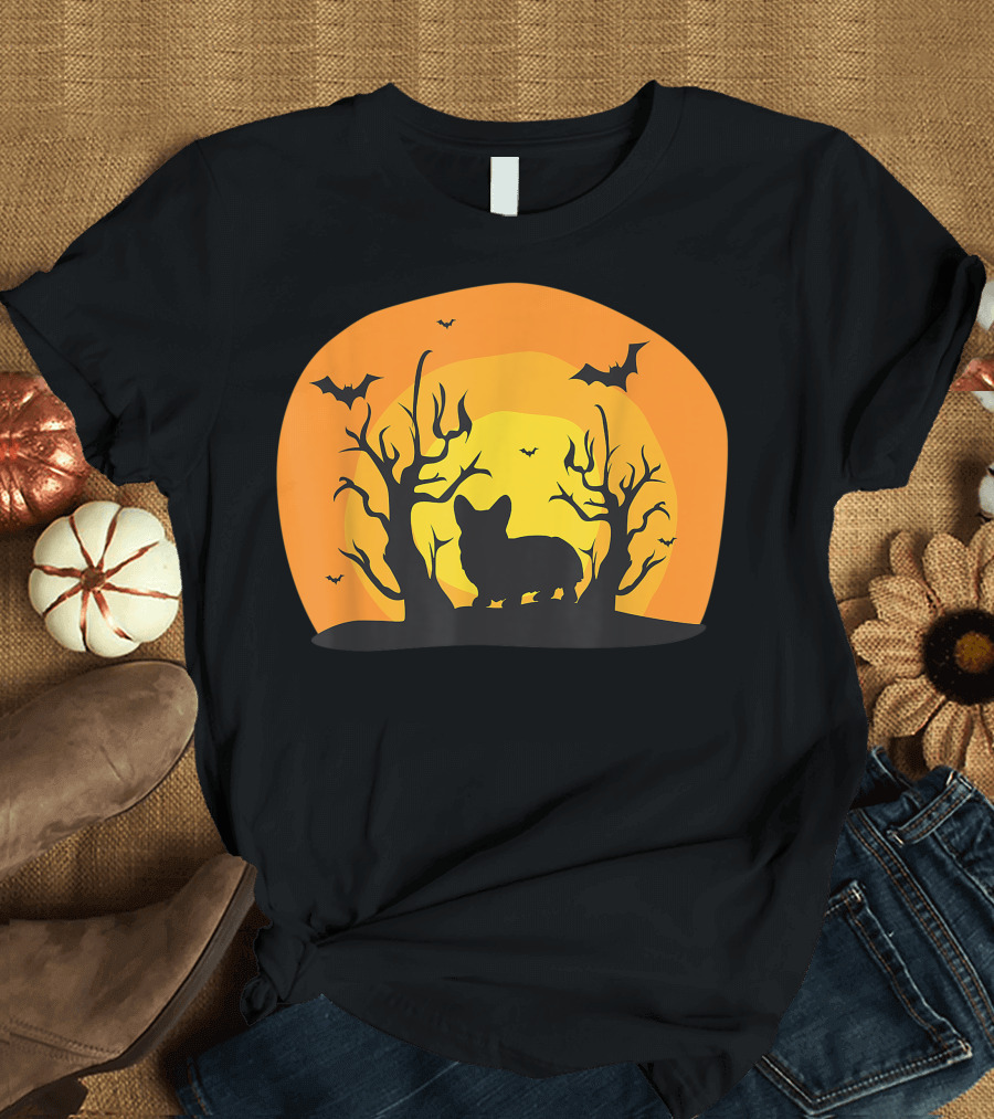 Corgi Dog Halloween Costume Bat Silhouette with Trees and Moon T-Shirt