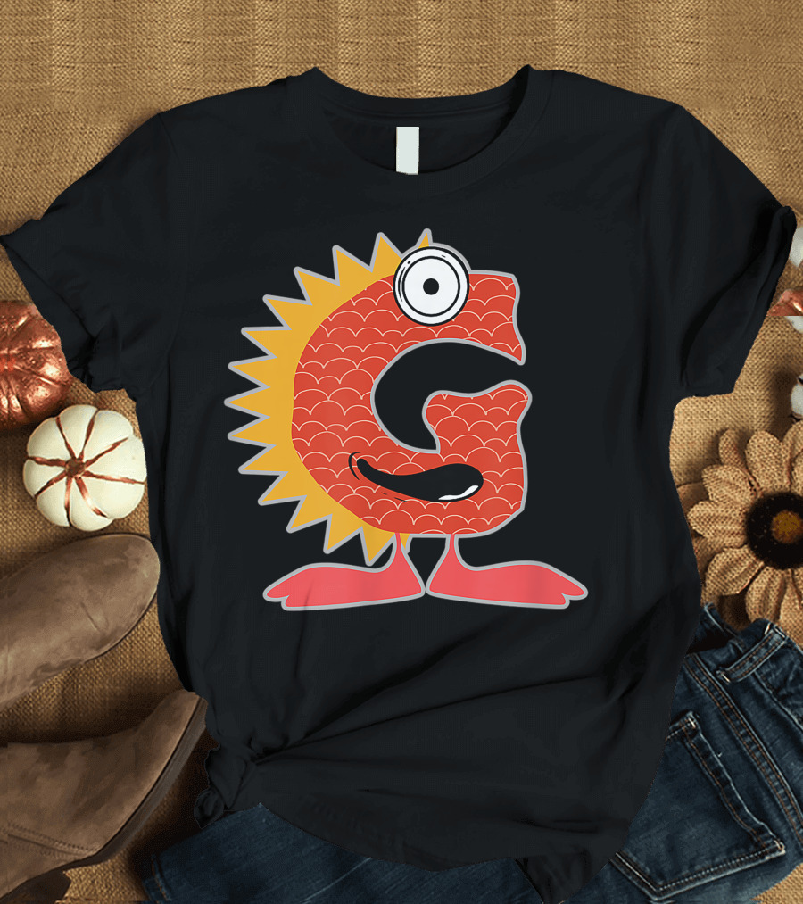 Alphabet G Monster Cute Fun Scary Creature Monogram Initial Red Spiky Yellow T-Shirt