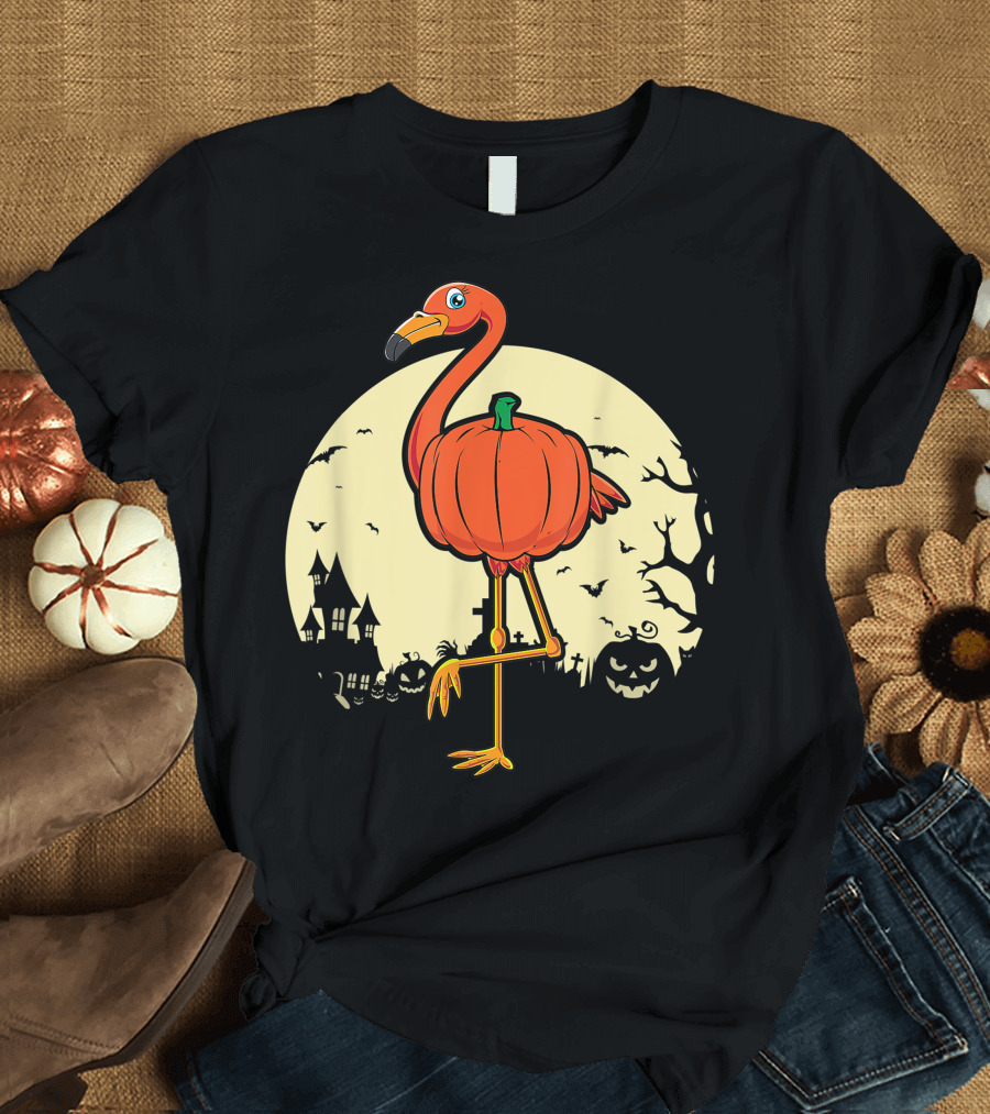 Spooky Flamingo Pumpkin Halloween Cute Bird Lover Haunted Moonlit Scene T-Shirt