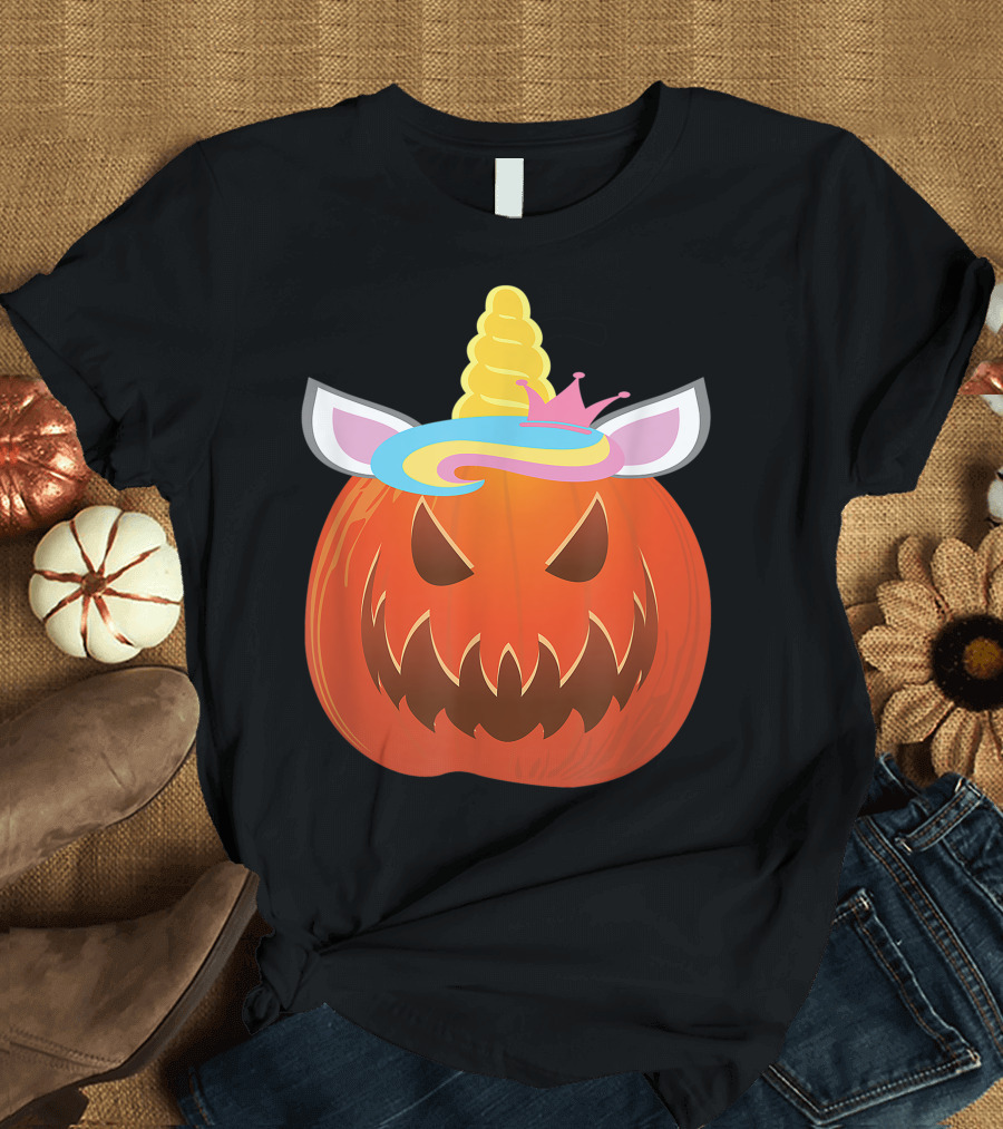 Scary Cute Unicorn Pumpkin Halloween Illustration with Colorful Mane and Horn T-Shirt