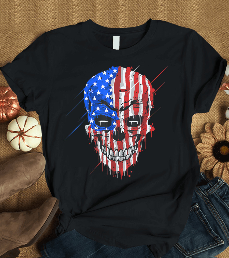 Patriotic Skull with Stars and Stripes Flag Halloween T-Shirt