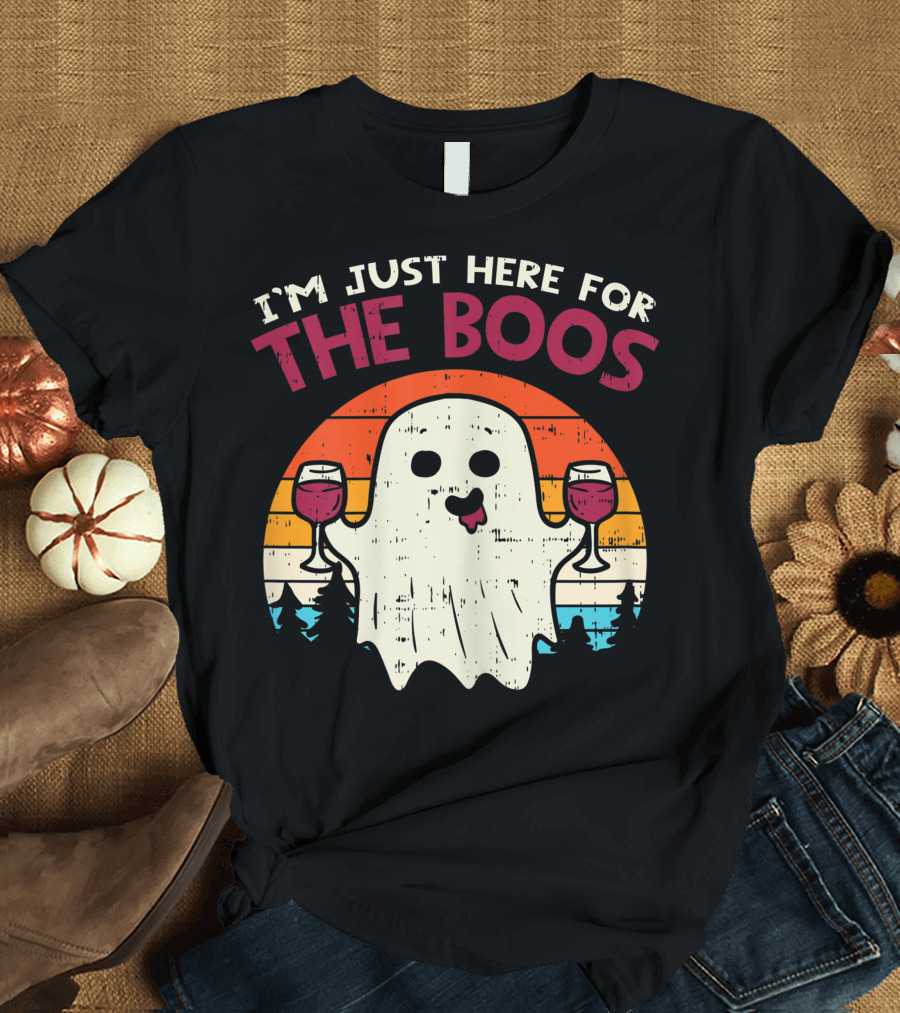 I'm Just Here For The Boos Ghost Wine Halloween Sunset Forest T-Shirt
