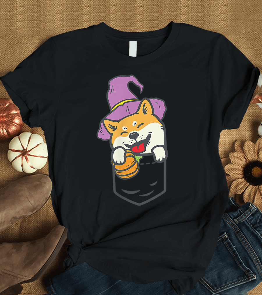 Shiba Inu Wizard Pocket Pumpkin Halloween Dog Owner T-Shirt