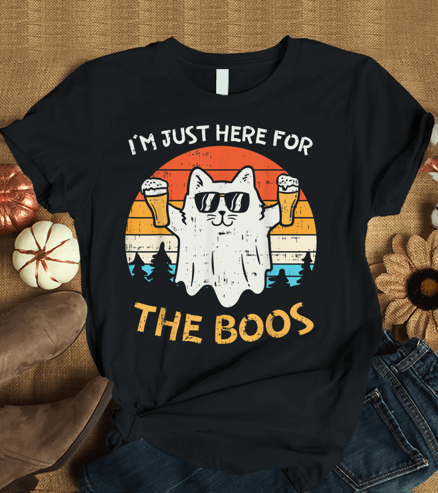 I'm Just Here for the Boos Cat Ghost Halloween Beer Retro T-Shirt