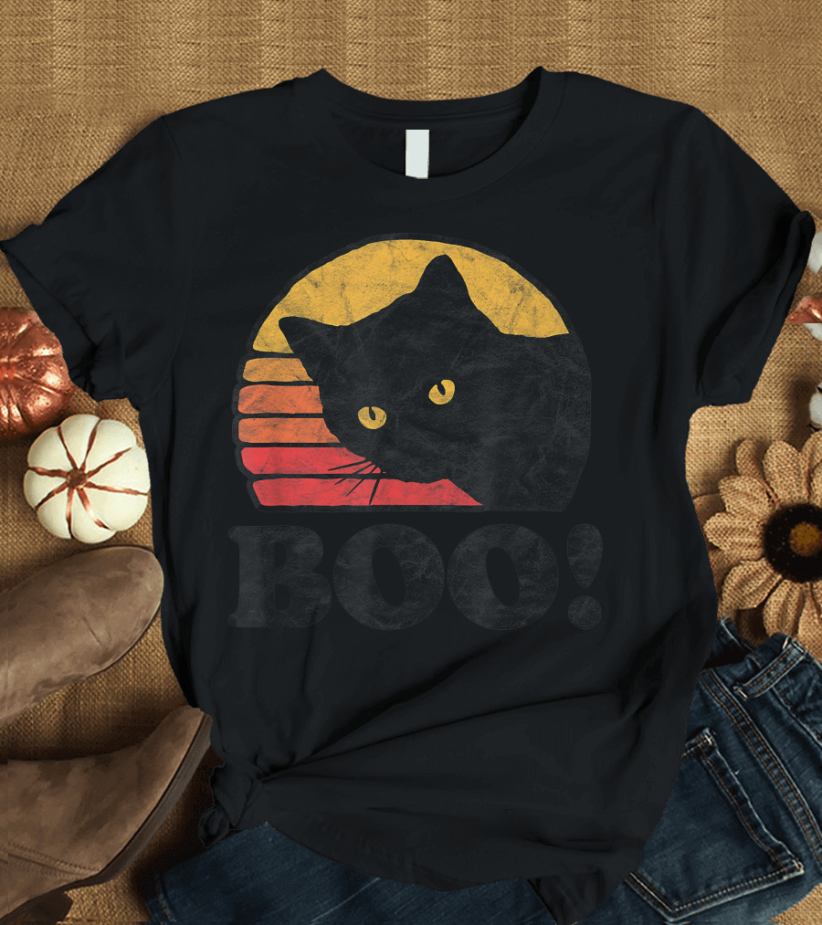 Boo Vintage Eighties Distressed Cat Halloween T-Shirt