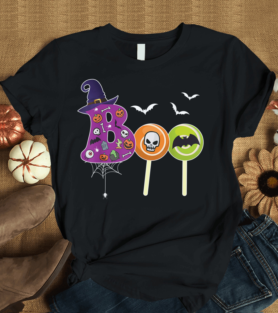 Boo Witch Hat Halloween Candy Lollipops with Skulls and Bats T-Shirt