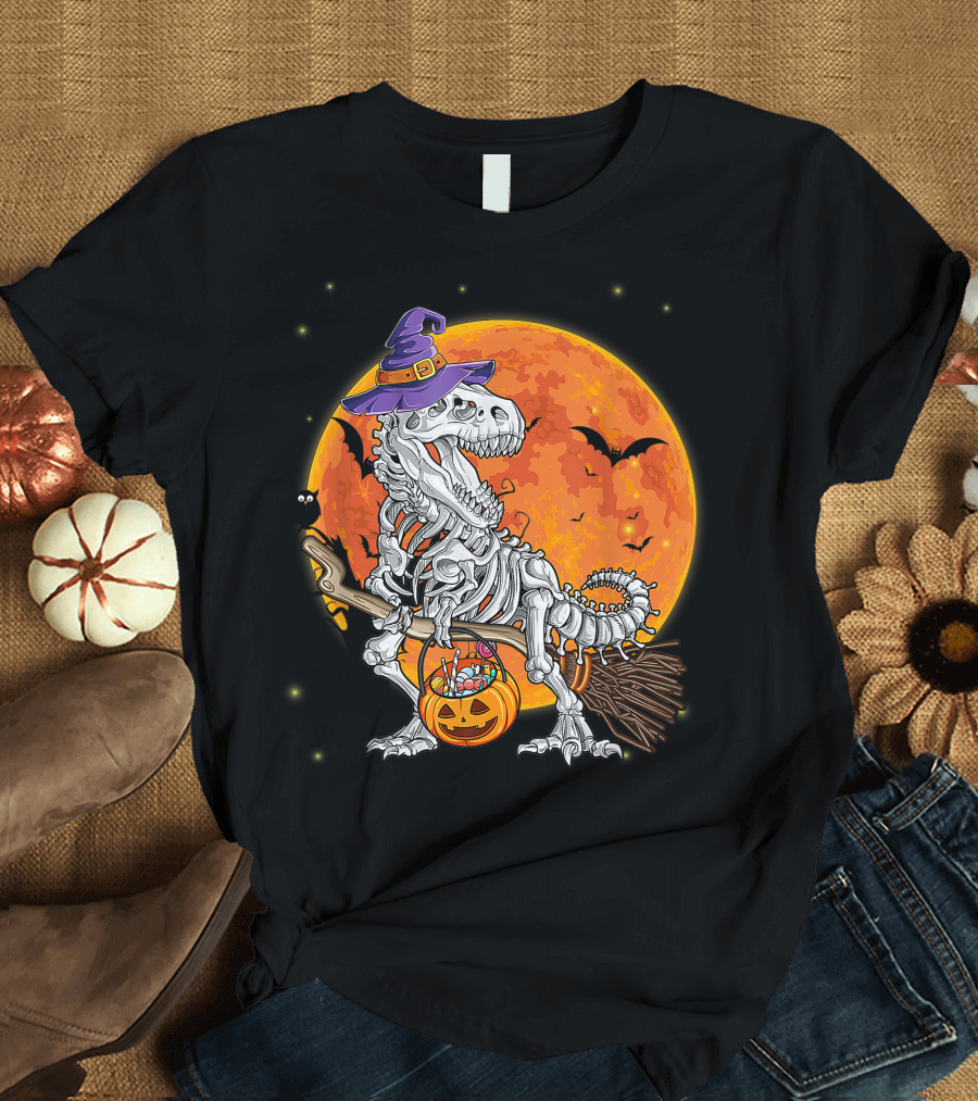 Dinosaur Witch Skeleton Halloween Costume Riding Broomstick with Pumpkin and Full Moon T-Shirt