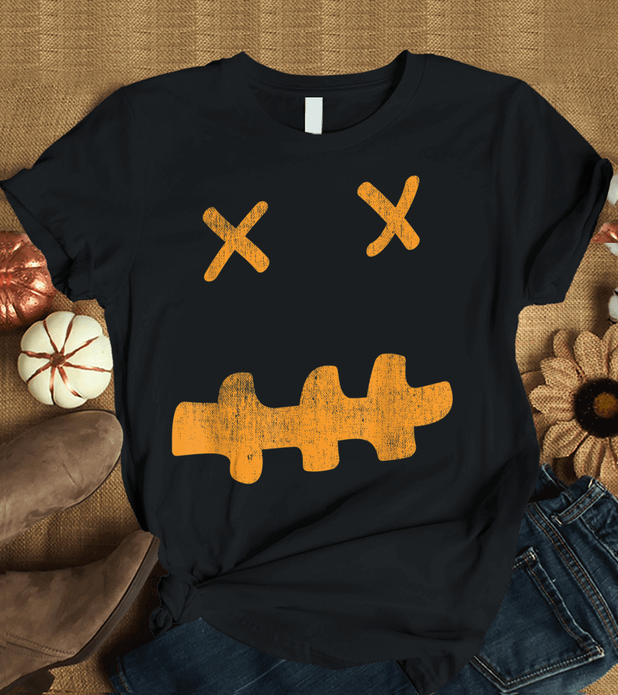 Minimalistic Halloween Ghost Pumpkin Face Simple Cross Eyes T-Shirt