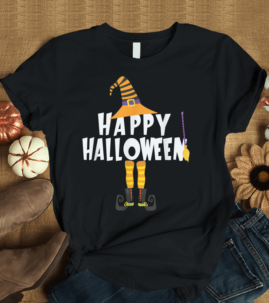 Happy Halloween Witch Hat Broom Funny Legs T-Shirt