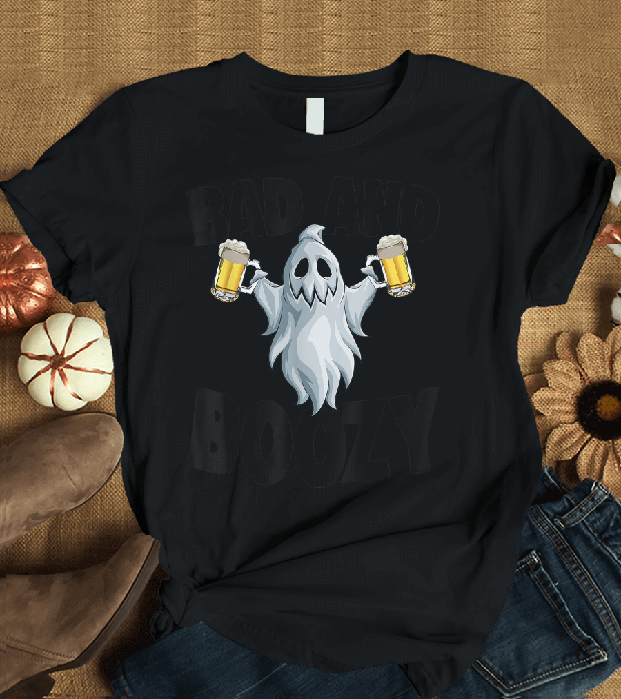 Bad And Boozy Funny Halloween Drinking Ghost With Beer T-Shirt