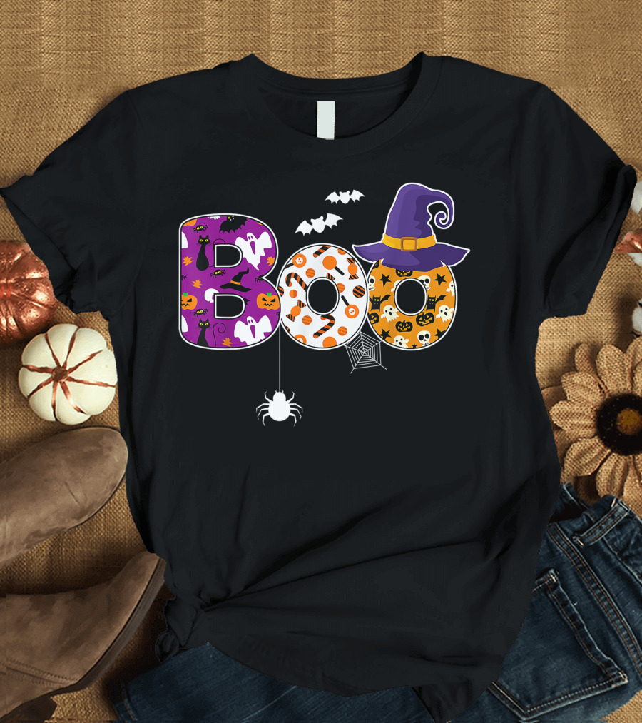 Boo Spider Web Witch Hat Bats Halloween Ghosts Pumpkins T-Shirt