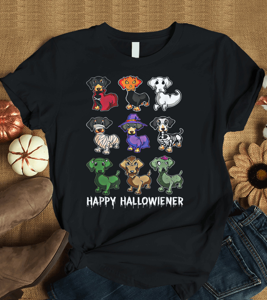 Happy Halloween Dachshund Dog Witch Mummy Skeleton Frankenweenie Halllowiener T-Shirt