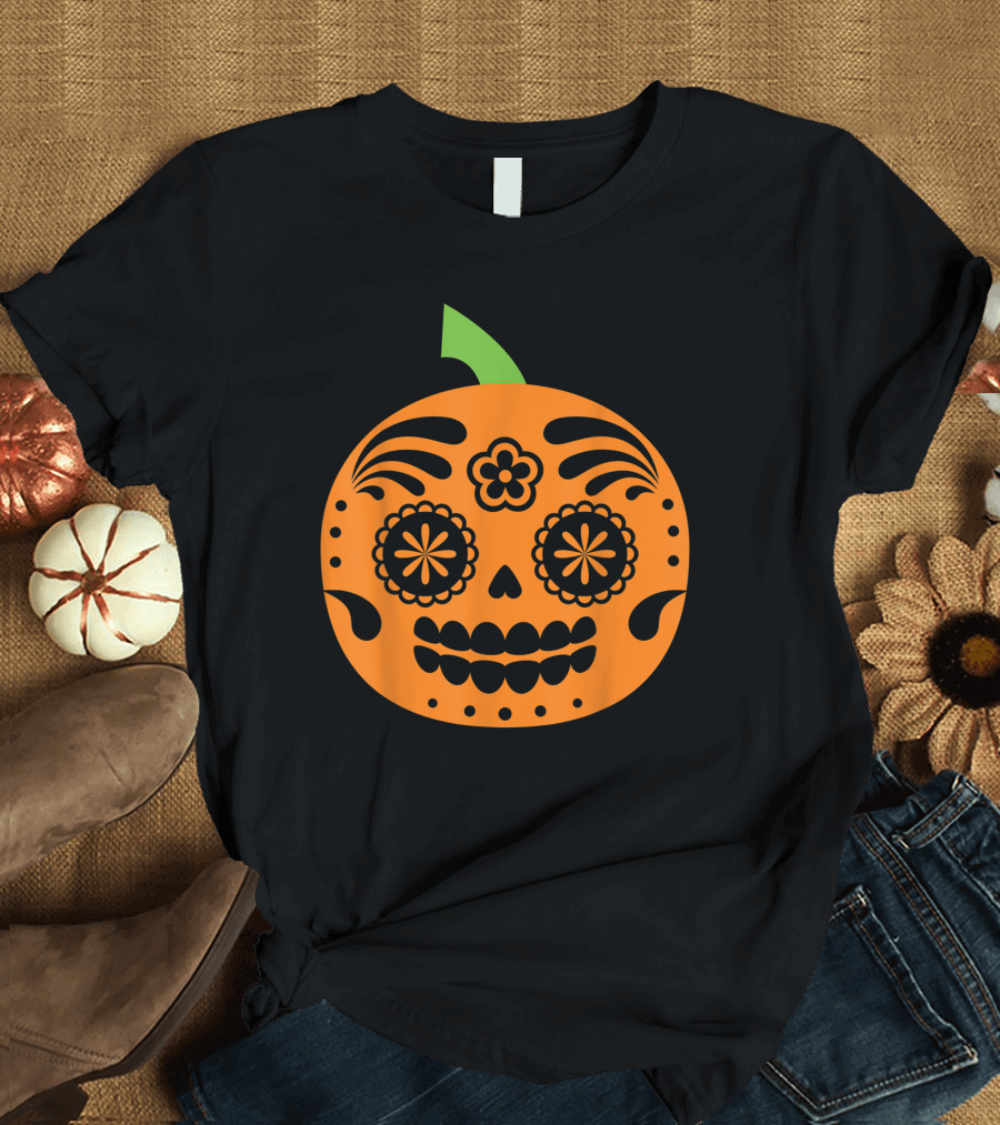 Pumpkin Face Sugar Skull Day of the Dead Halloween T-Shirt