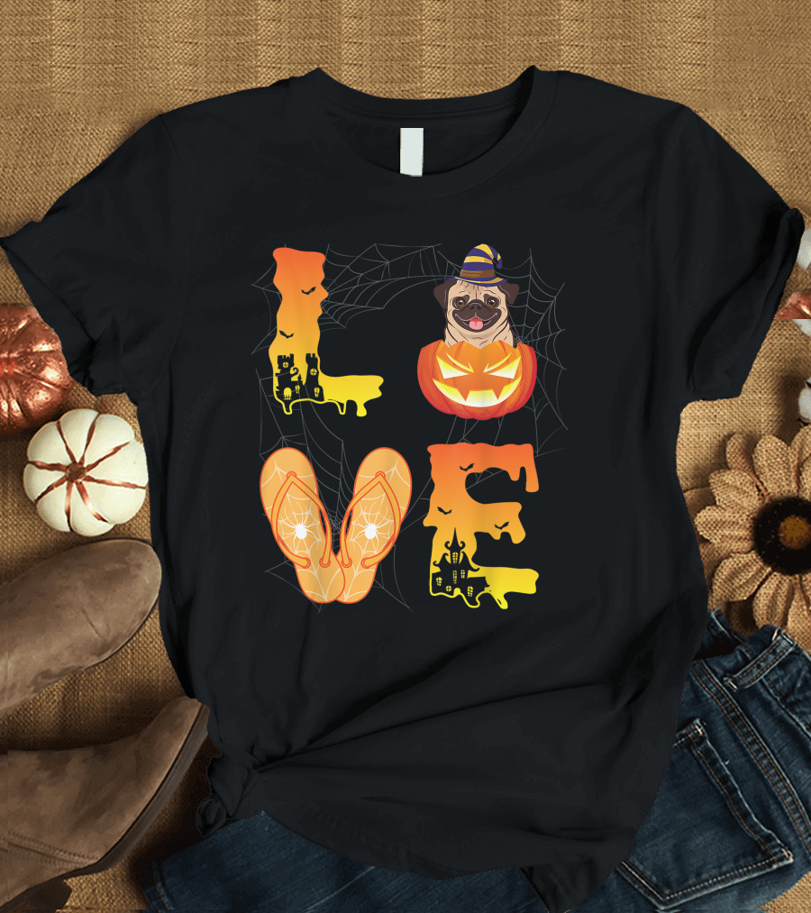 Love Moon Flip Flop Bat Spider Pumpkin Pug Halloween Day T-Shirt