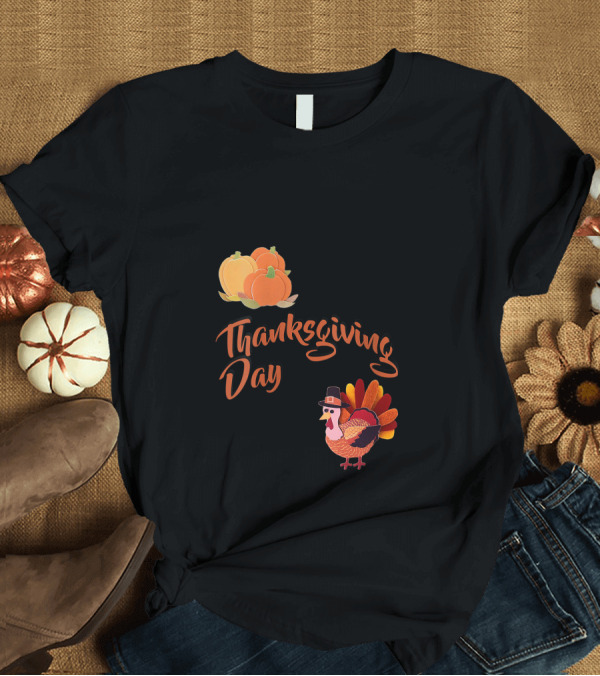 T-Shirt: Thanksgiving Day Pumpkin and Pilgrim Turkey T-Shirt Thanksgiving Day Pumpkin and Pilgrim Turkey T-Shirt