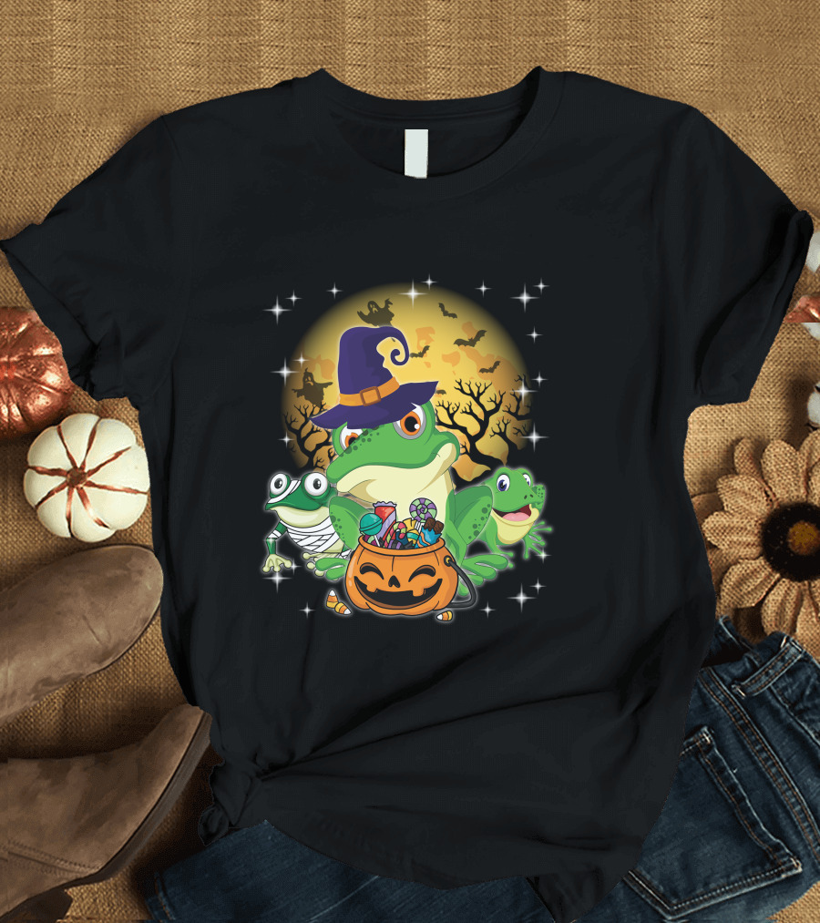 Three Frogs Halloween Mummy Witch Moon Ghosts Pumpkin Candy Happy Day T-Shirt