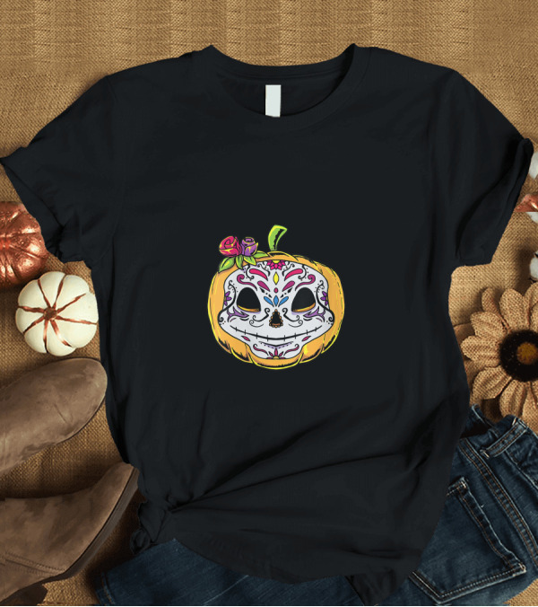 T-Shirt: Day Of The Dead Dia De Los Muertos Pumpkin Skull with Floral T-Shirt Day Of The Dead Dia De Los Muertos Pumpkin Skull with Floral T-Shirt