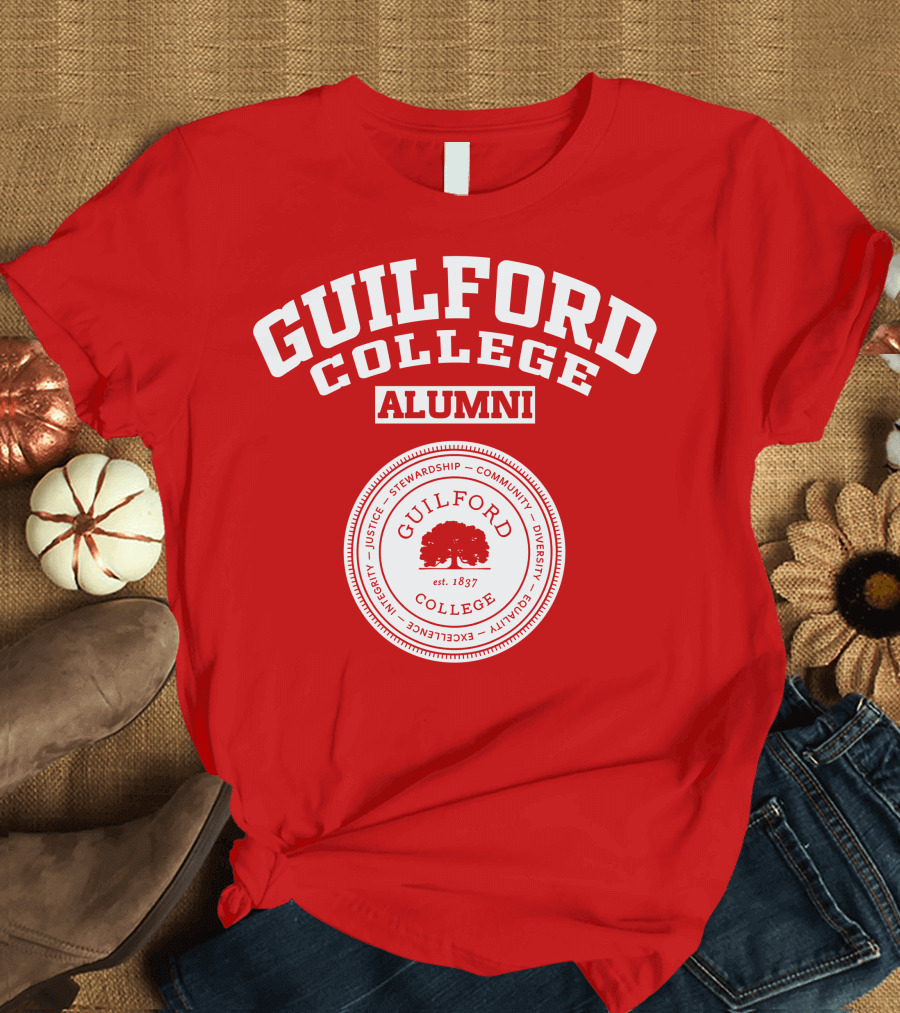 Guilford College Alumni Logo Seal Established 1837 Integrity Justice Stewardship Community Diversity Equality Excellence T-Shirt