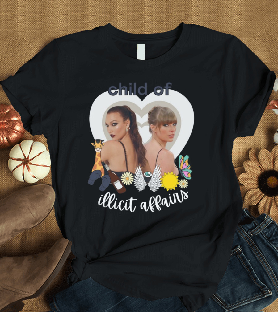 Child of Illicit Affairs Heart Frame Butterfly Wings Flowers Giraffe and Wine Bottle T-Shirt