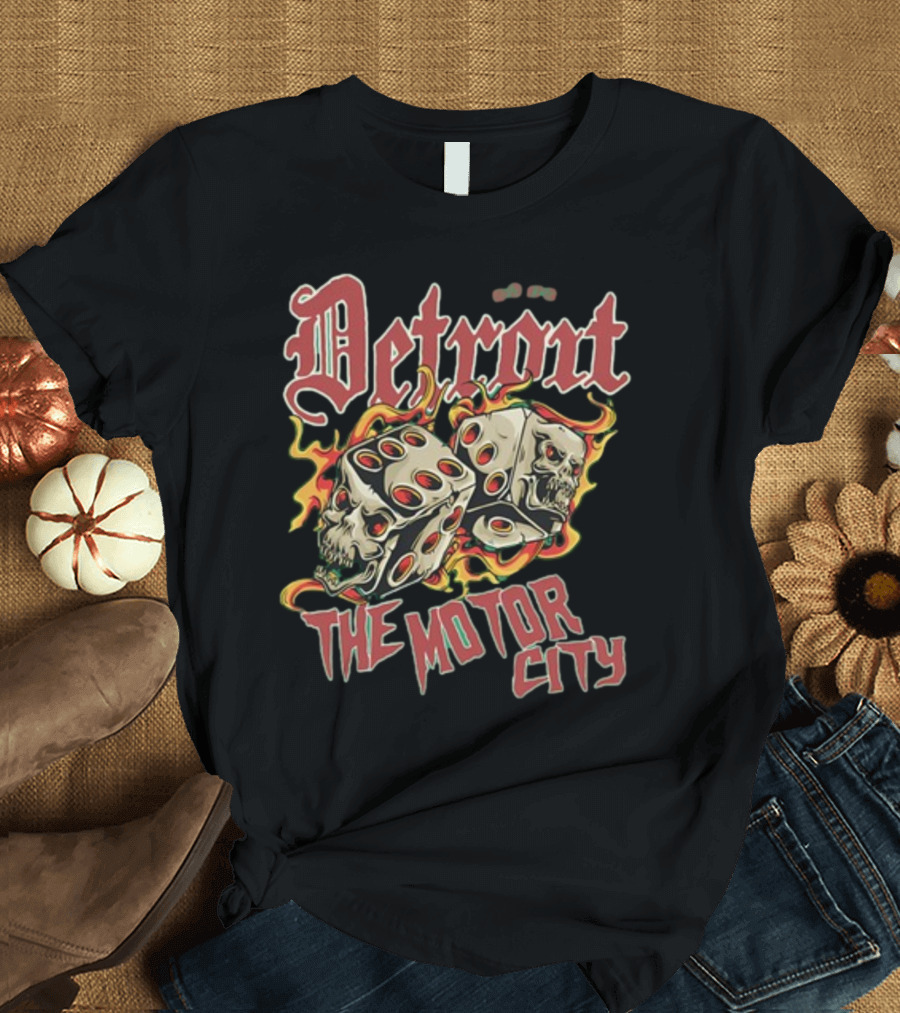 Detroit The Motor City Flaming Skull Dice T-Shirt