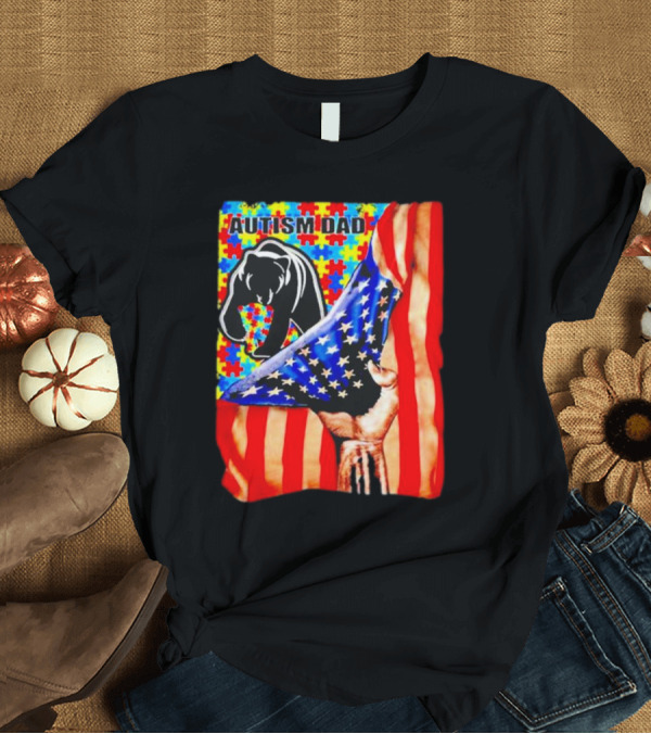 T-Shirt: Autism Dad Bear USA Flag Puzzle Awareness T-Shirt Autism Dad Bear USA Flag Puzzle Awareness T-Shirt