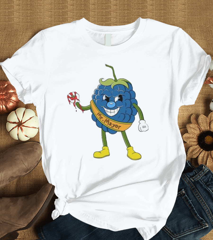 Blueberry Mr Mayor Holding Bleeding Hand Cartoon Character T-Shirt