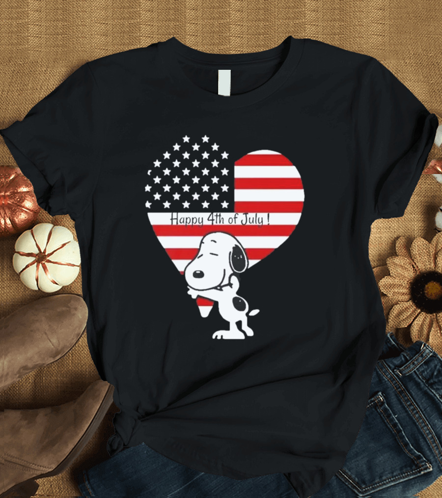 Snoopy Happy 4th of July Heart American Flag T-Shirt
