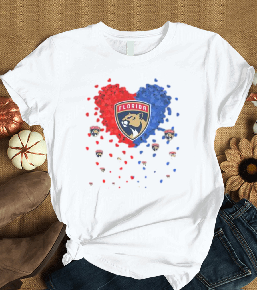 Florida Panthers Heart Logo Red Blue Paws T-Shirt