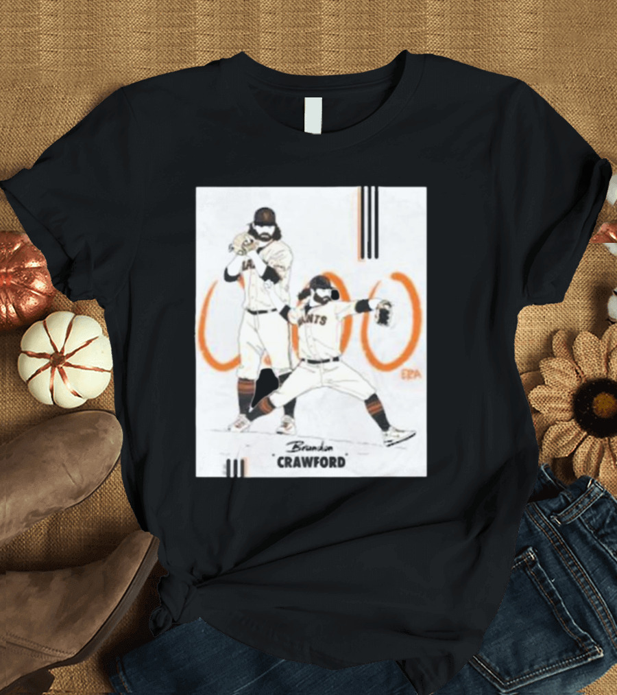 Brandon Crawford Giants Baseball Illustration with 1000 Celebratory T-Shirt