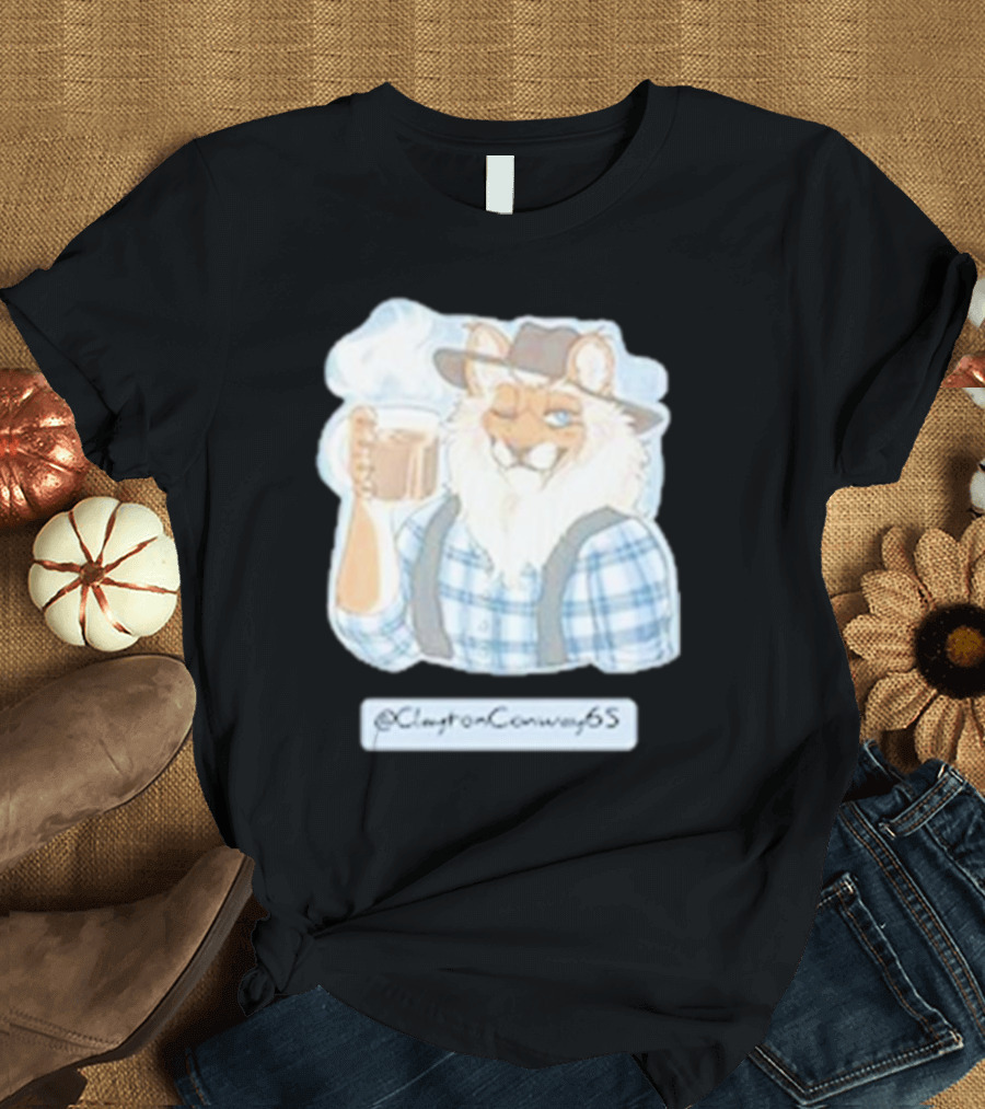 Clayton Conway 65 @ClaytonConway65 Cat in Plaid with Hat Holding Coffee T-Shirt