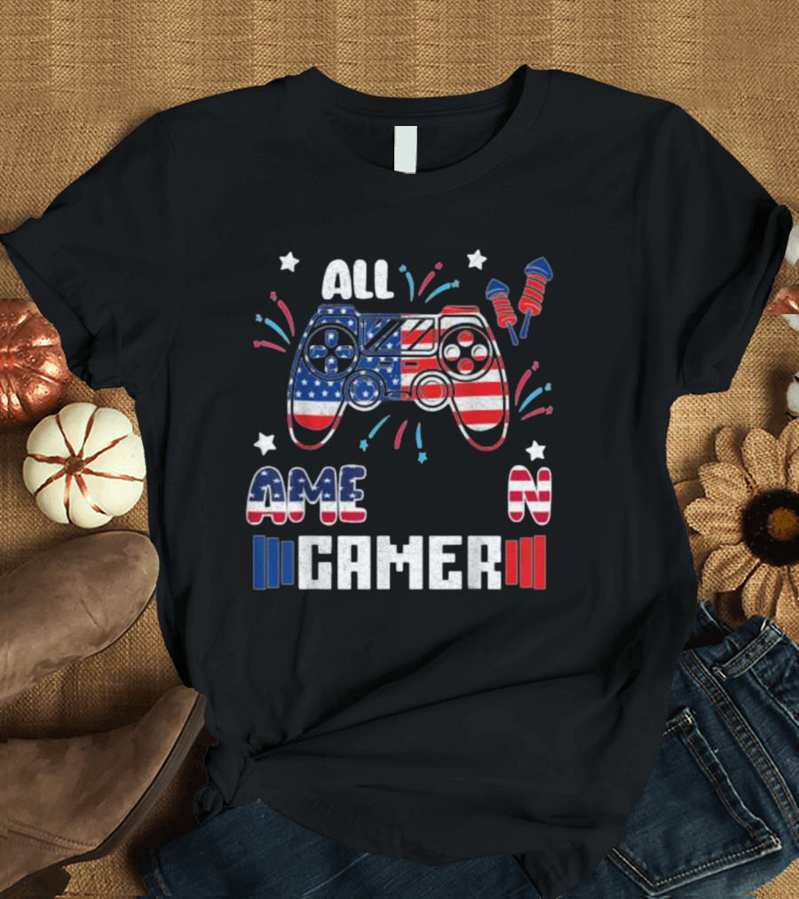 All American Gamer 4th of July Flag Controller Fireworks T-Shirt