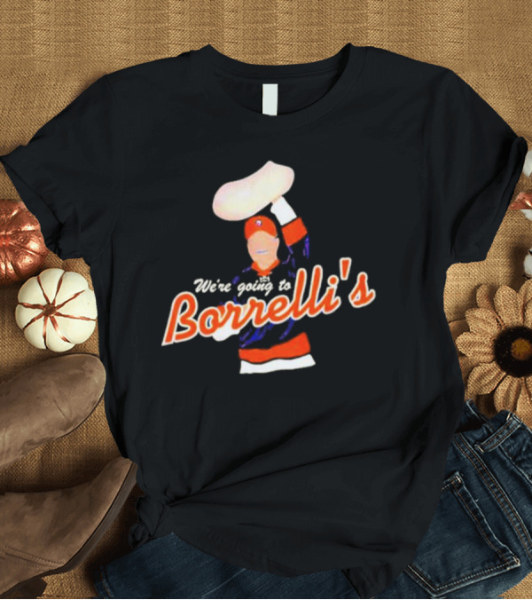 T-Shirt: We're Going to Borrelli's Pizza Celebration with Sports Iconography T-Shirt We're Going to Borrelli's Pizza Celebration with Sports Iconography T-Shirt