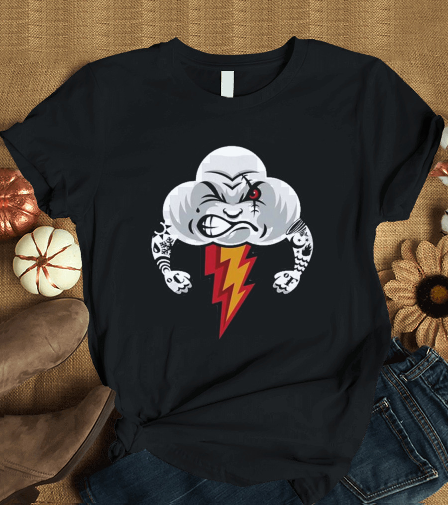 Bad Weather Angry Thunderstorm Cloud with Tattoos and Lightning Bolt T-Shirt