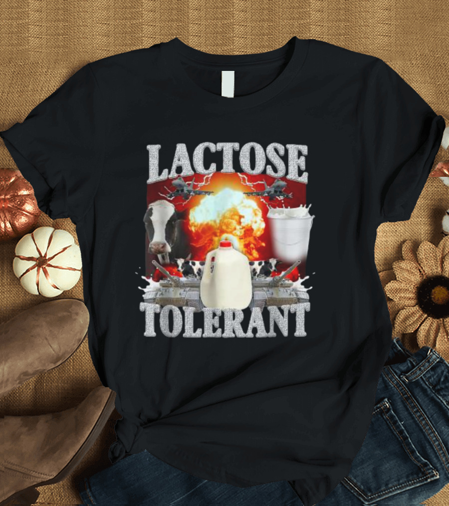LACTOSE TOLERANT Milk Explosion Cow Jug Planes Battle Scene T-Shirt
