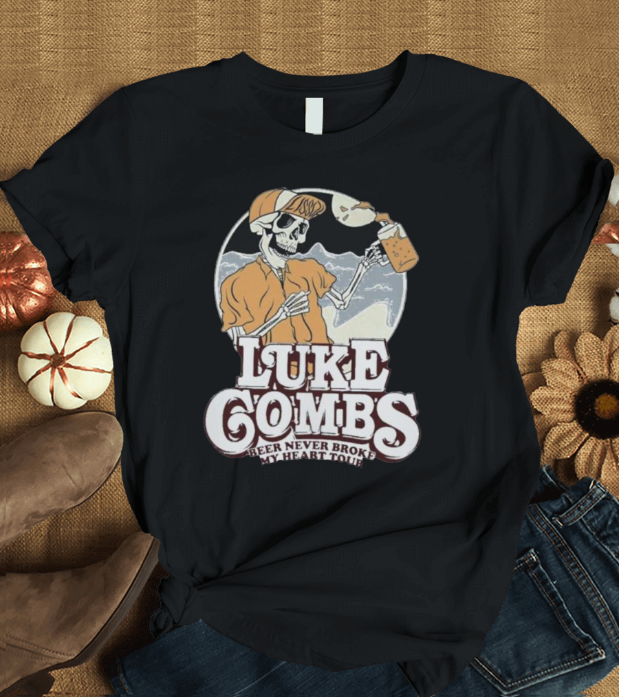 Luke Combs Beer Never Broke My Heart Tour Skeleton with Beer Mug and Mountains T-Shirt