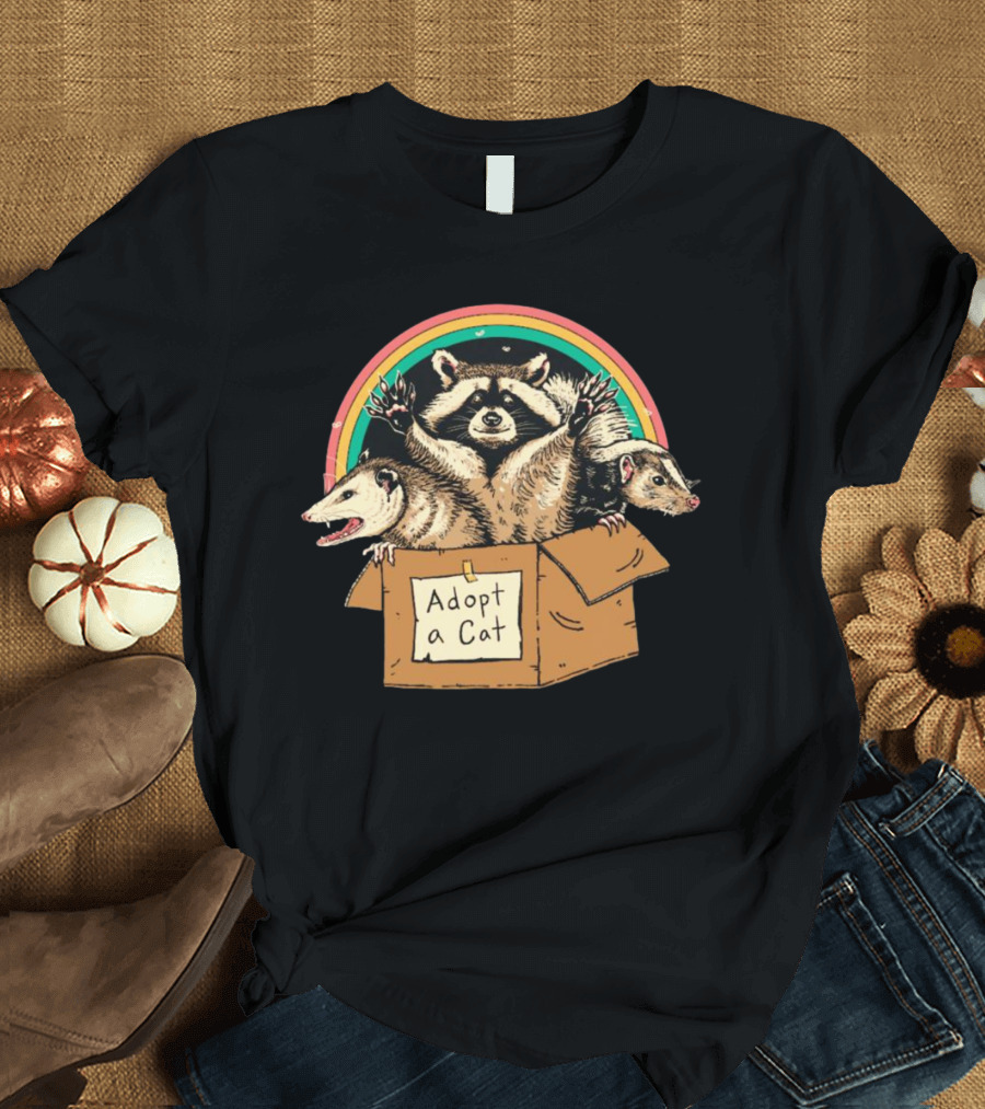 Wicked Clothes Adopt a Cat Raccoon and Opossum in Cardboard Box Rainbow T-Shirt