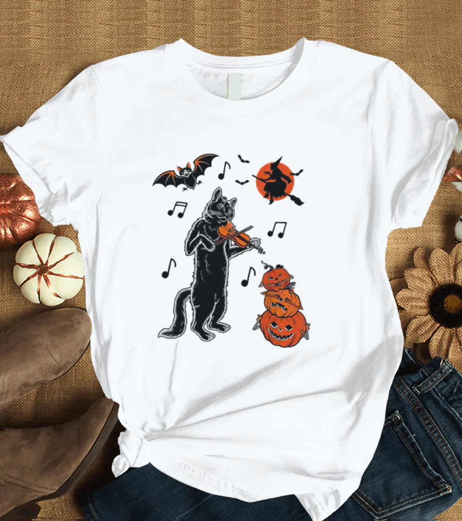 Black Cat Playing Violin with Witch, Devilish Bat, and Stacked Pumpkins Halloween T-Shirt