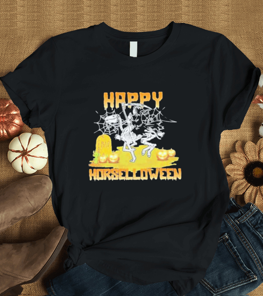 Happy Horselloween Devil Riding Horse Skull Halloween T-Shirt