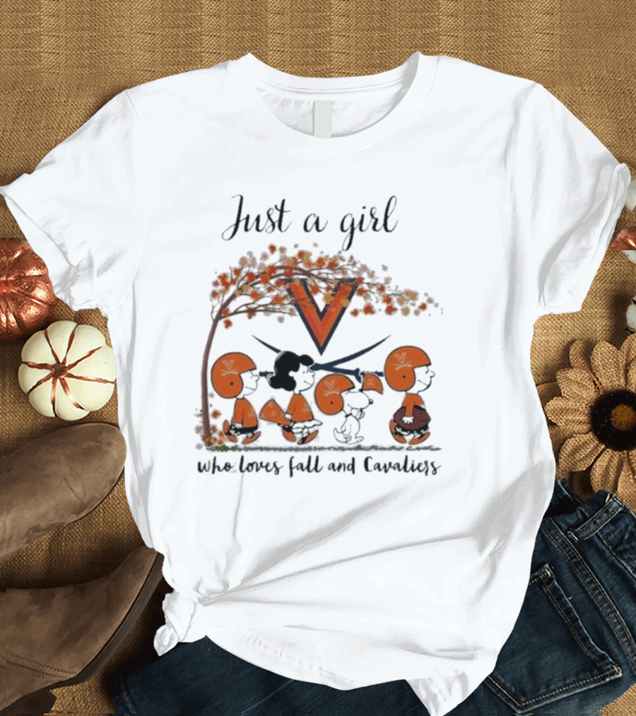 Just a Girl Who Loves Fall and Virginia Cavaliers Peanuts Under Autumn Tree T-Shirt