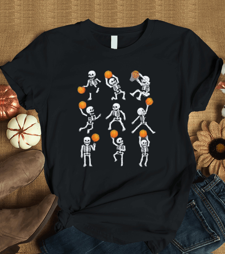 Halloween Skeletons Dunking Dribble Basketball Players T-Shirt