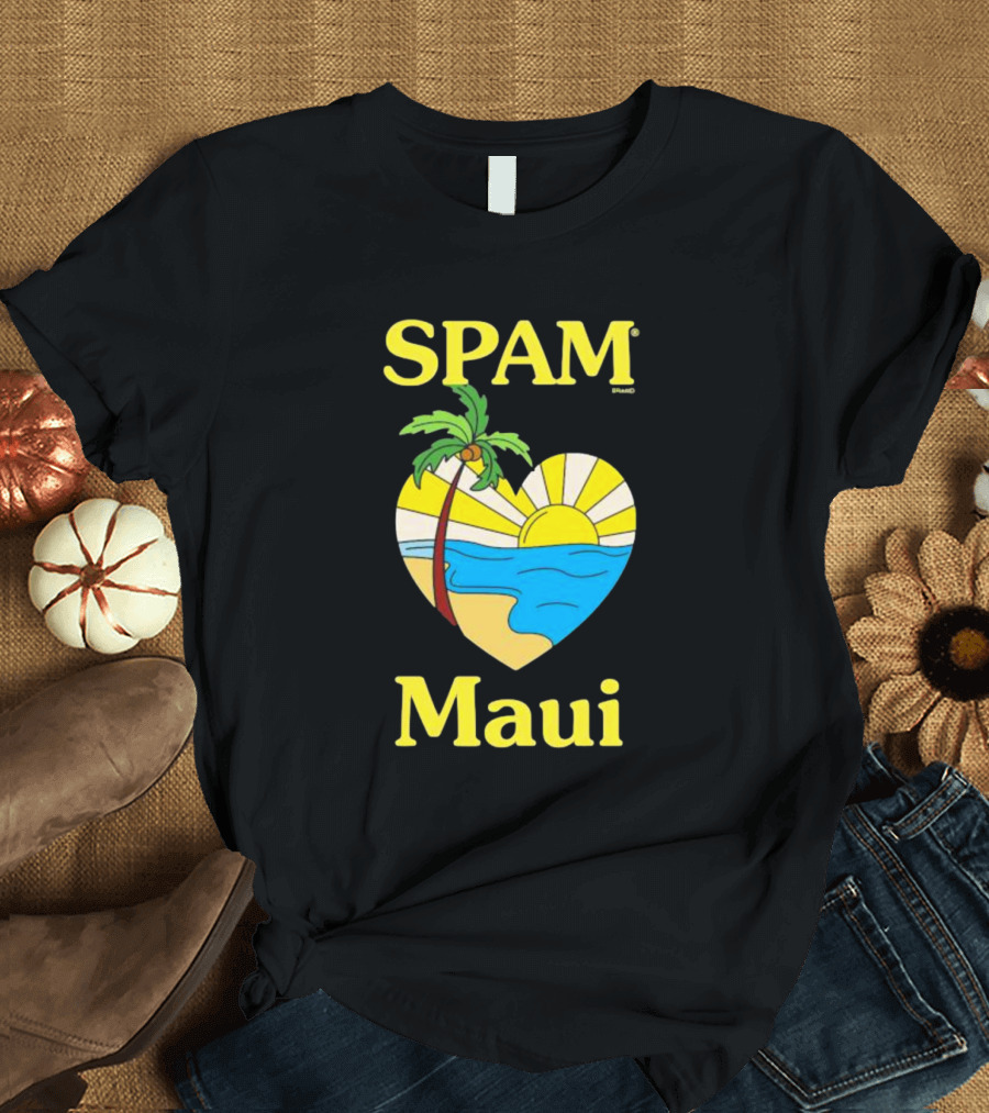SPAM Brand Maui Heart Beach Sunset and Palm Tree T-Shirt
