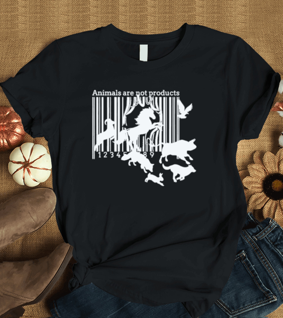 Veganactivism Animals Are Not Products Barcode Silhouette Horse Bird Cow Pig Rabbit 123489 T-Shirt