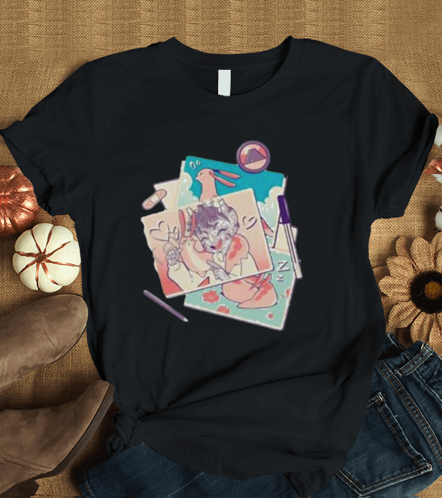 Mango Memories Pastel Rabbit Drawings with Heart and Zz Motif T-Shirt