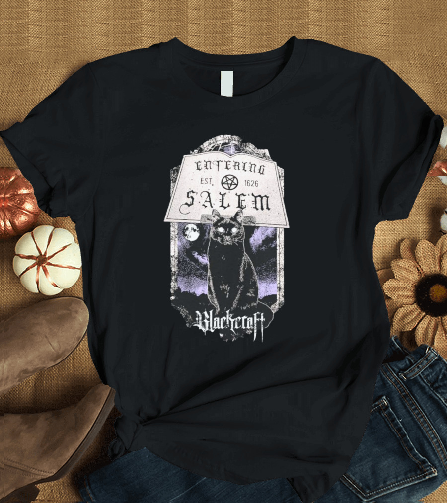 Blackcraft Cult Entering Salem Est. 1626 Black Cat and Crescent Moon Scene T-Shirt