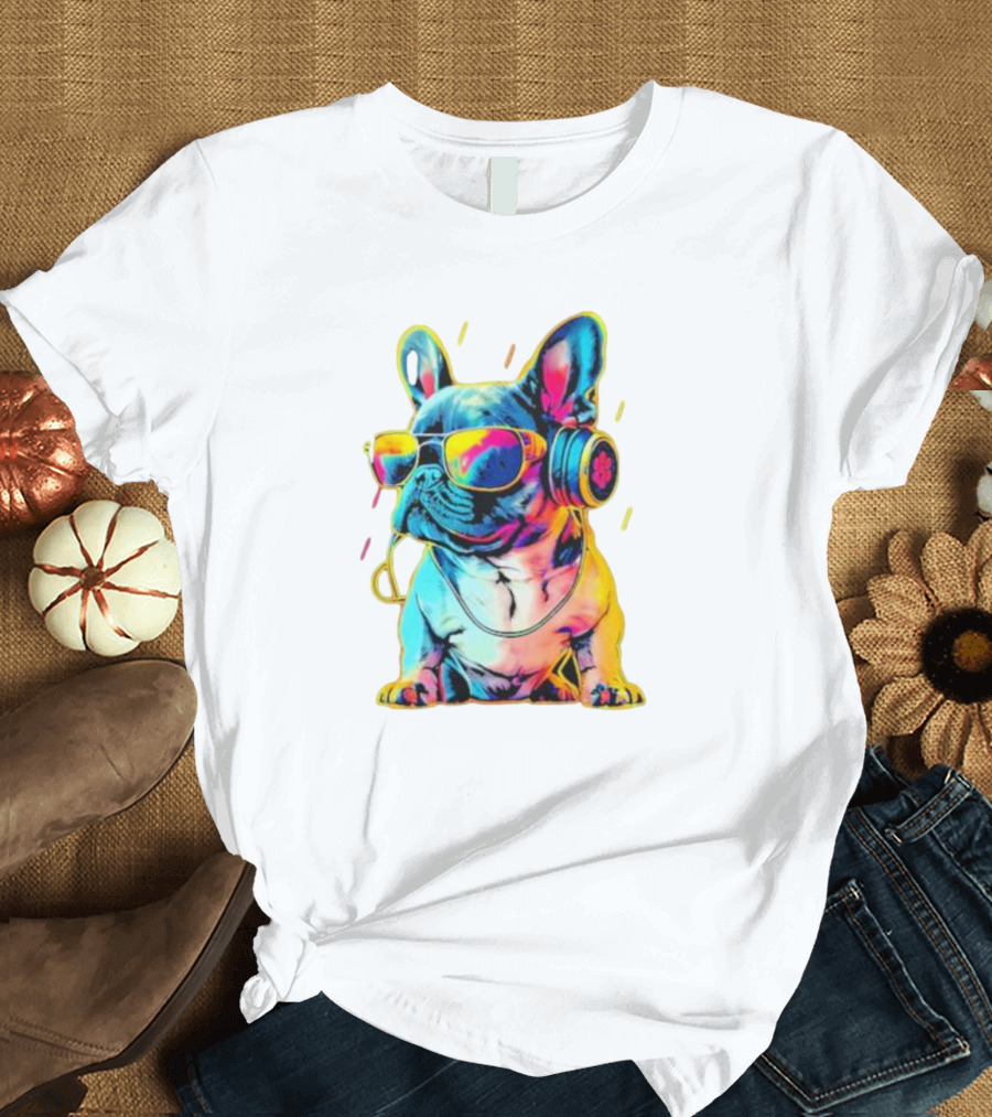 Bulldog Neon Headphones Vibrant Colors T-Shirt